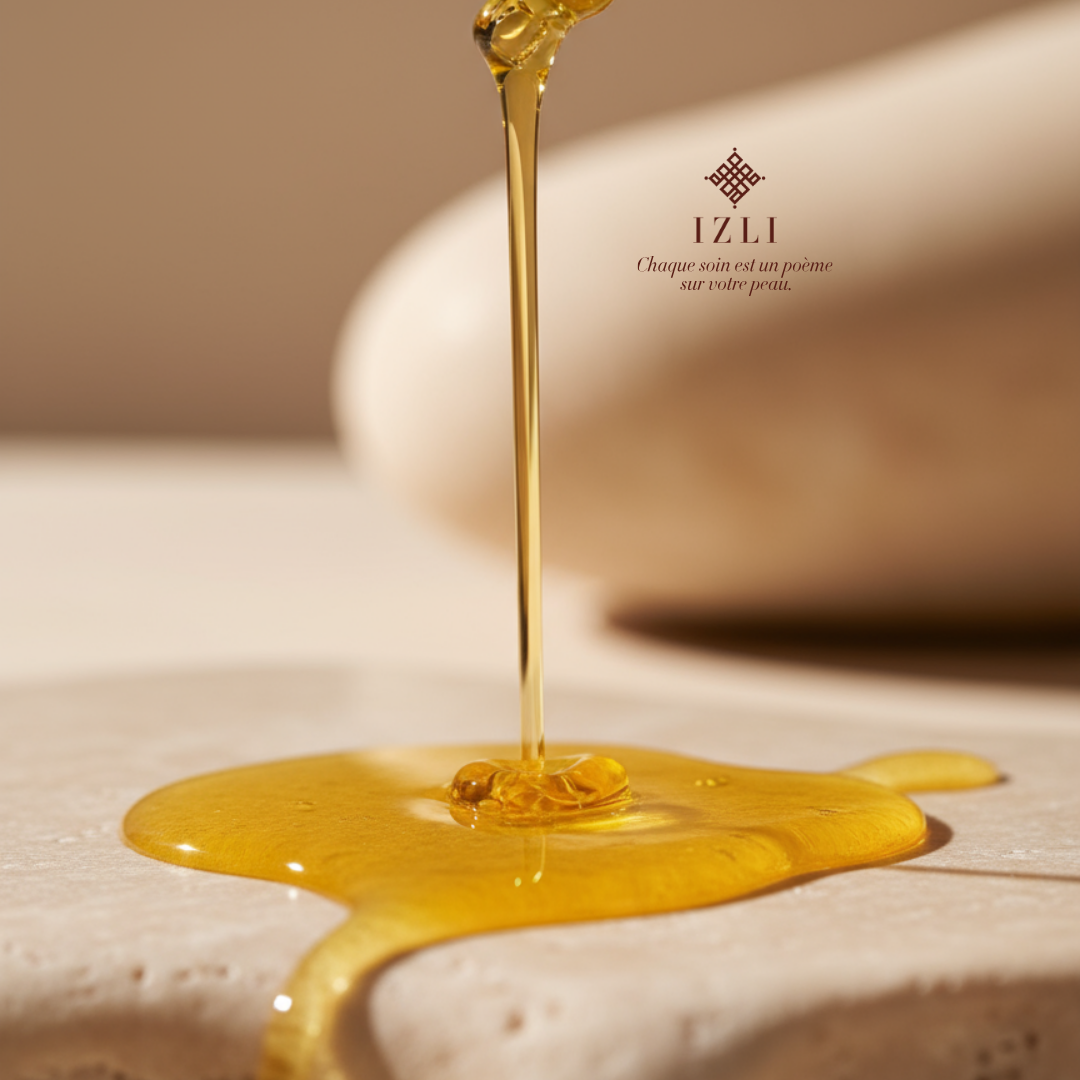 huile d'argan bio qui coulent sur un fond beige